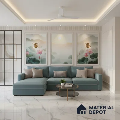 Modern living room with blue sectional sofa, marble floor tiles, and lotus floral wallpaper panels in Bengaluru