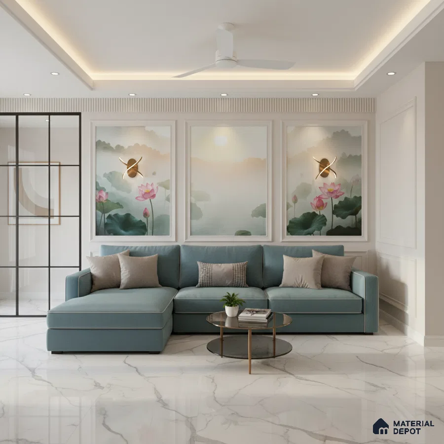 Modern living room with blue sectional sofa, marble floor tiles, and lotus floral wallpaper panels in Bengaluru