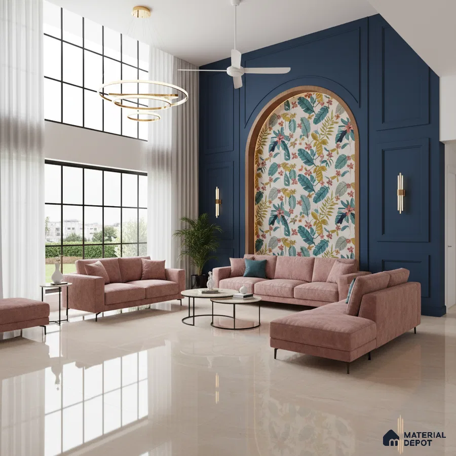 Modern living room with blush pink suede sofa, tropical floral wallpaper, and glossy beige floor tiles in Bengaluru