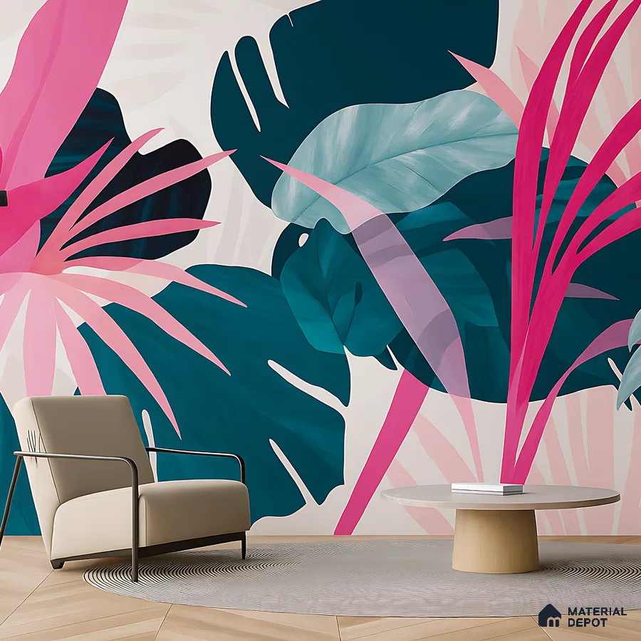 Modern living room with bold tropical wallpaper and light wood flooring in Bengaluru