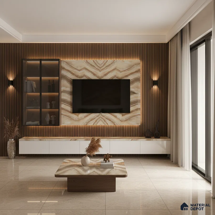 Modern living room with bookmatch marble laminate TV wall, wooden louvers, and beige marble floor tiles in Bengaluru