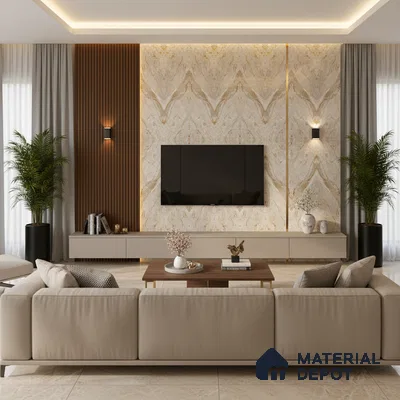 Modern living room with white marble laminate TV unit, walnut wood louvers, and beige marble floor tiles in Bengaluru
