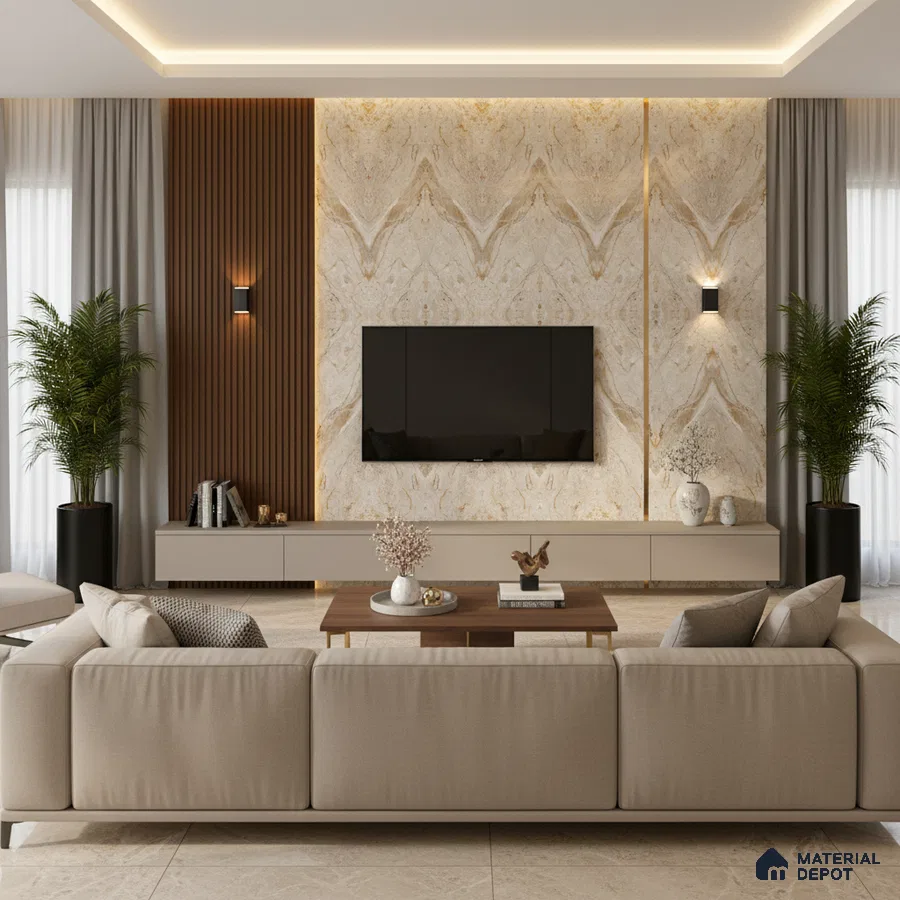 Modern living room with white marble laminate TV unit, walnut wood louvers, and beige marble floor tiles in Bengaluru