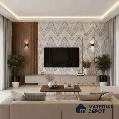Modern living room with bookmatch marble laminate TV wall, wooden louvers, and beige marble floor tiles in Bengaluru