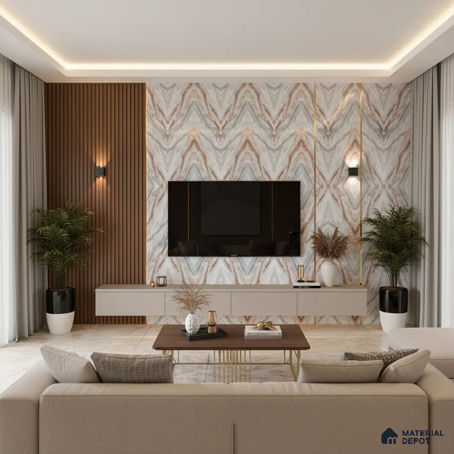 Modern living room with bookmatch marble laminate TV wall, wooden louvers, and beige marble floor tiles in Bengaluru