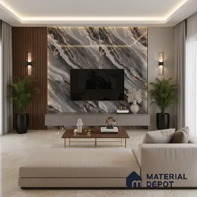 Modern living room with marble-look wall panels, wooden louvers, and beige marble floor tiles in Bengaluru