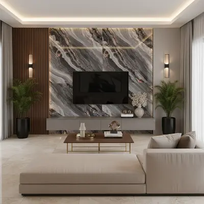 Modern living room with marble-look wall panels, wooden louvers, and beige marble floor tiles in Bengaluru