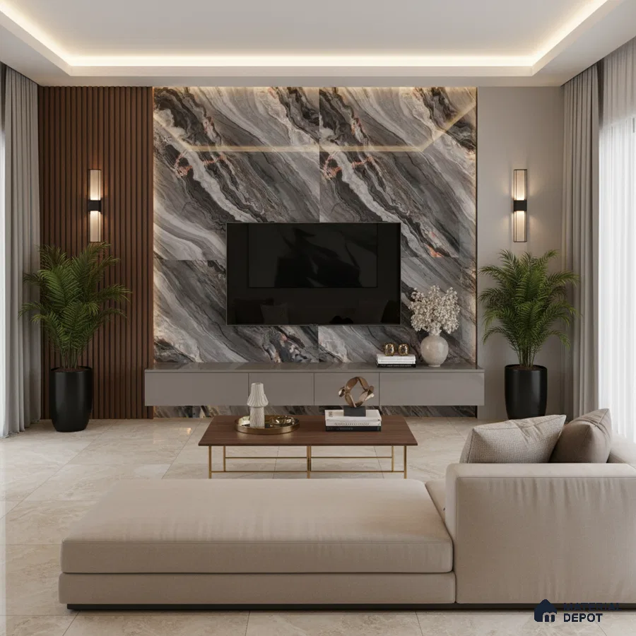 Modern living room with marble-look wall panels, wooden louvers, and beige marble floor tiles in Bengaluru