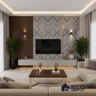 Modern living room with marble laminate TV unit, walnut wood louvers, and beige marble floor tiles in Bengaluru