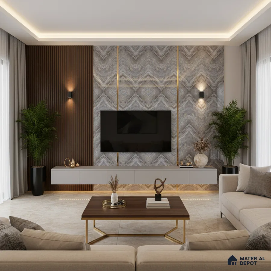 Modern living room with marble laminate TV unit, walnut wood louvers, and beige marble floor tiles in Bengaluru