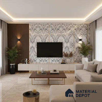 Modern living room with white marble laminate TV unit, wooden louvers, and beige marble floor tiles in Bengaluru