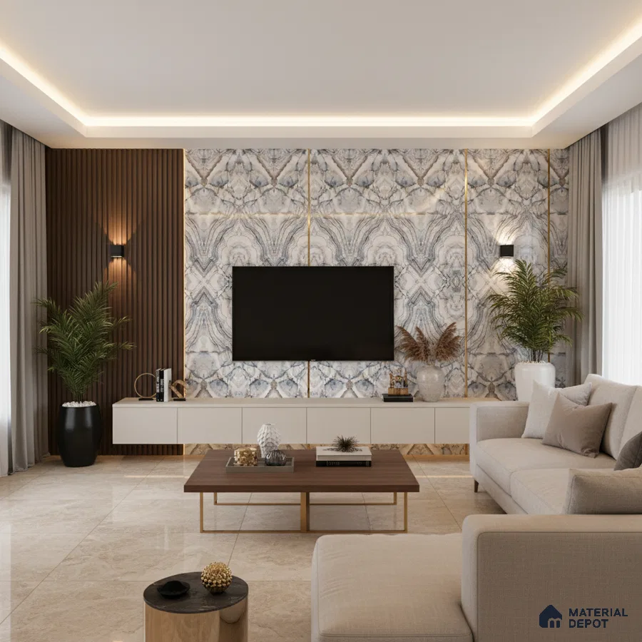 Modern living room with white marble laminate TV unit, wooden louvers, and beige marble floor tiles in Bengaluru