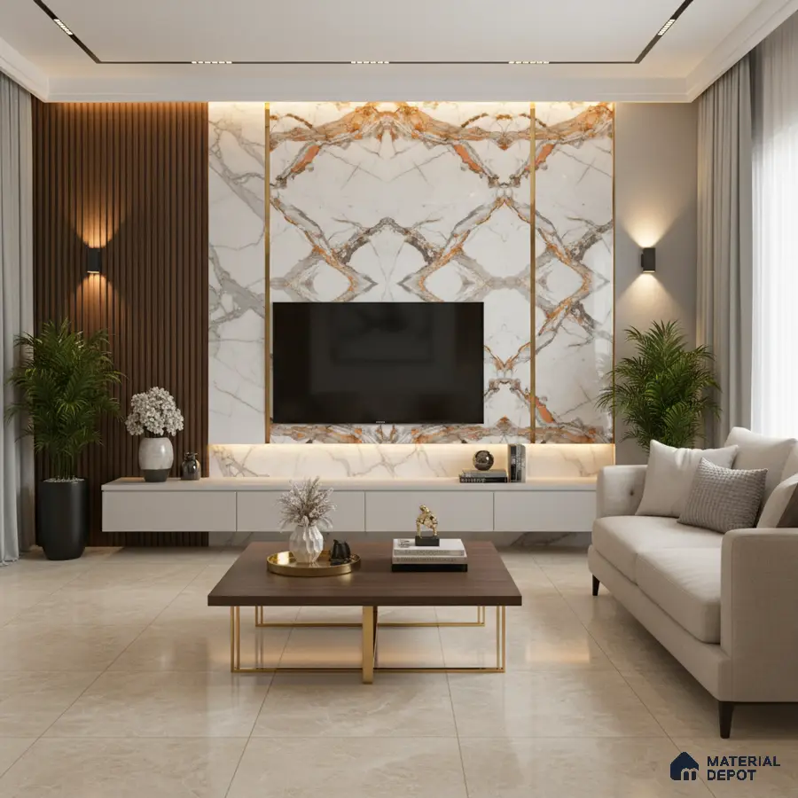 Modern living room with marble-look laminate TV wall, wooden louvers, and beige floor tiles in Bengaluru