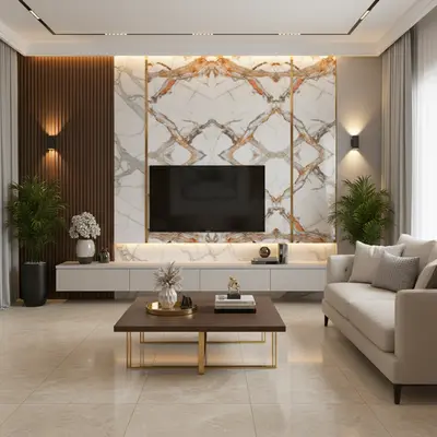 Modern living room with marble-look laminate TV wall, wooden louvers, and beige floor tiles in Bengaluru