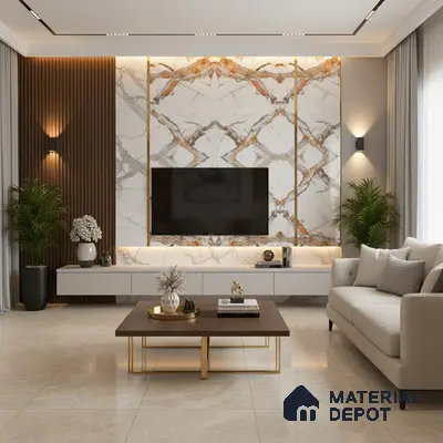 Modern living room with marble-look laminate TV wall, wooden louvers, and beige floor tiles in Bengaluru