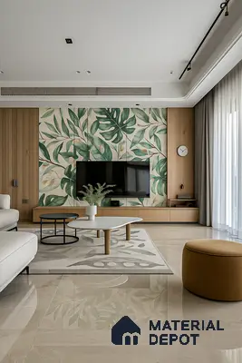 Modern Living Room with Botanical Laminate Accent Wall, Light Oak Paneling, Minimal TV Unit & Beige Marble Floor in Prestige Misty Waters Hebbal | Material Depot