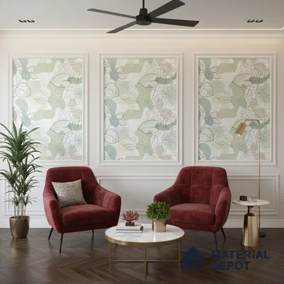 Modern living room with botanical patterned wallpaper, burgundy suede chairs, and herringbone wooden flooring in Bengaluru