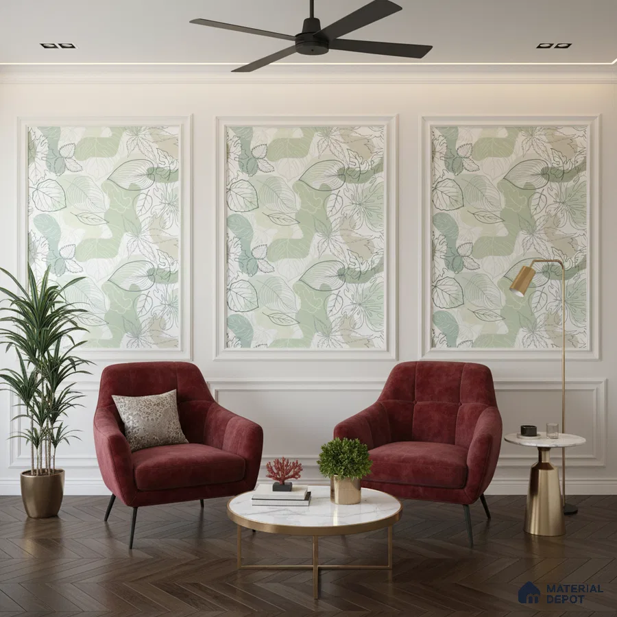Modern living room with botanical patterned wallpaper, burgundy suede chairs, and herringbone wooden flooring in Bengaluru