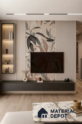 Modern Living Room with Botanical Wallpaper Accent Wall, Fluted Paneling, Sleek TV Unit & Beige Marble Flooring in Prestige Misty Waters Hebbal | Material Depot