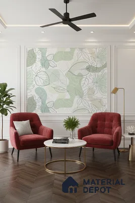 Modern living room with botanical wallpaper, herringbone wooden flooring, and marble coffee table in Bengaluru