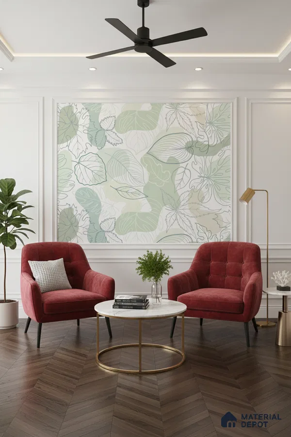 Modern living room with botanical wallpaper, herringbone wooden flooring, and marble coffee table in Bengaluru