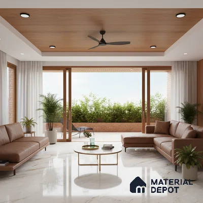 Modern living room with brown leather sofa, wood ceiling panel, and white marble floor tile in Bengaluru