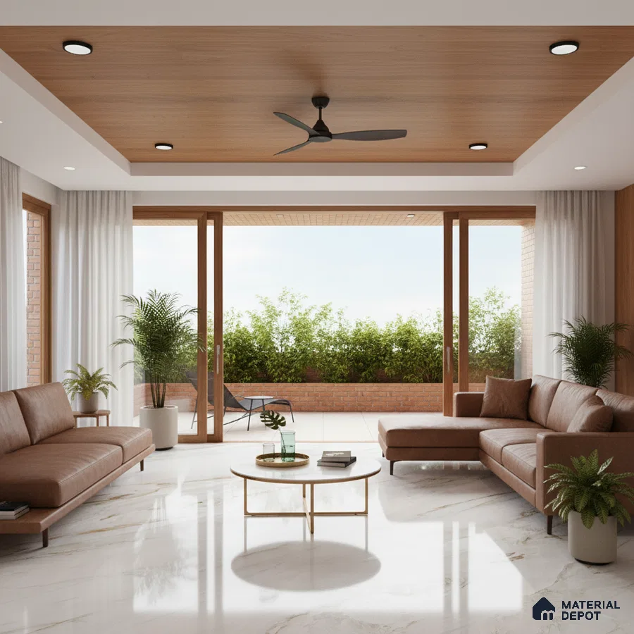 Modern living room with brown leather sofa, wood ceiling panel, and white marble floor tile in Bengaluru