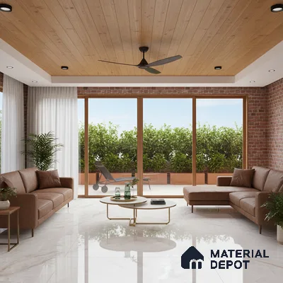 Modern living room with brown leather sofa, wood ceiling panels, and glossy marble floor tiles in Bengaluru