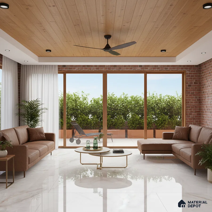 Modern living room with brown leather sofa, wood ceiling panels, and glossy marble floor tiles in Bengaluru