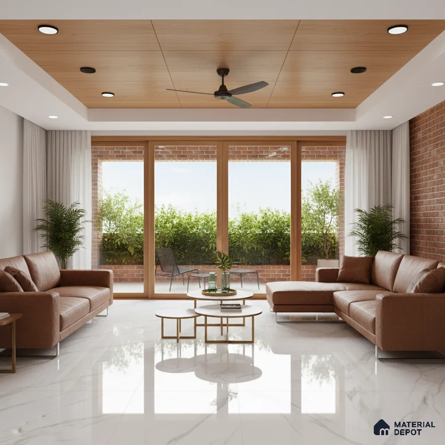 Modern living room with brown leather sofa, wood ceiling panels, and white marble floor tiles in Bengaluru