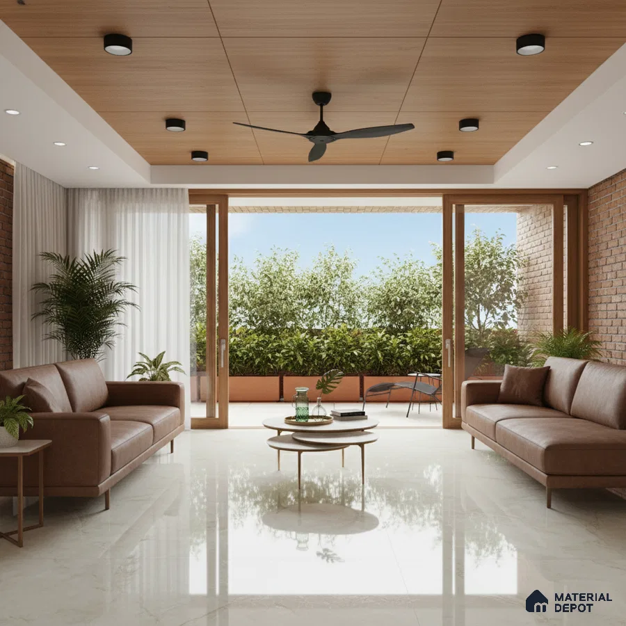 Modern living room with brown leather sofas, wood ceiling panels, and glossy marble floor tiles in Bengaluru