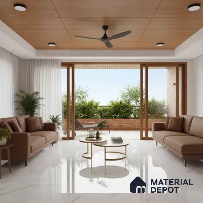 Modern living room with brown leather sofas, wood ceiling panels, and white marble floor tiles in Bengaluru