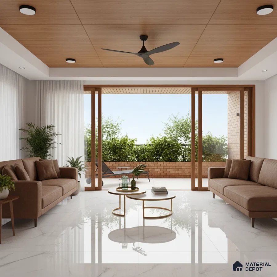 Modern living room with brown leather sofas, wood ceiling panels, and white marble floor tiles in Bengaluru