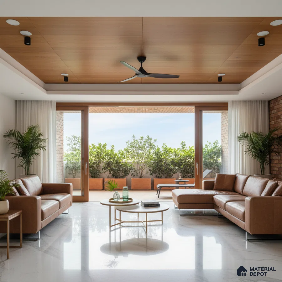 Modern living room with brown leather sofas, wood ceiling panels, and white marble floor tiles in Bengaluru