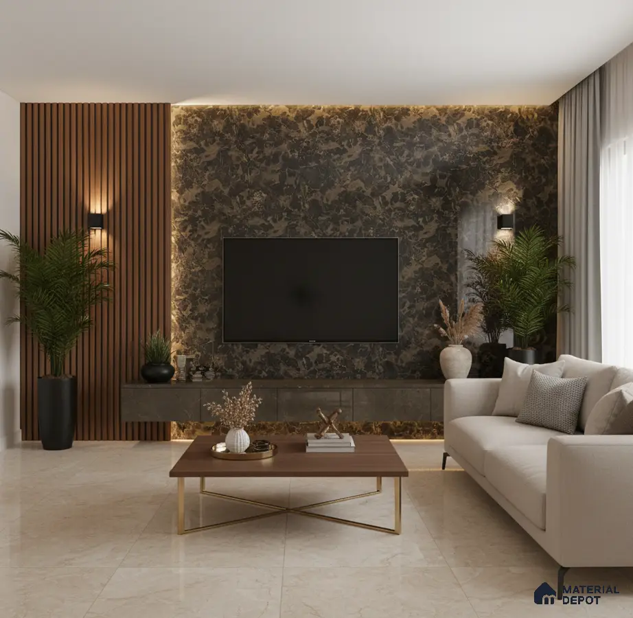 Modern living room with beige marble laminate TV wall, wooden louver panel, and neutral palette in Bengaluru