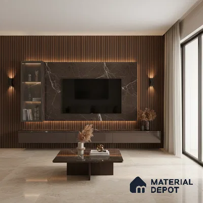 Modern living room with marble-look laminate TV unit, walnut fluted wall panels, and beige marble floor tiles in Bengaluru