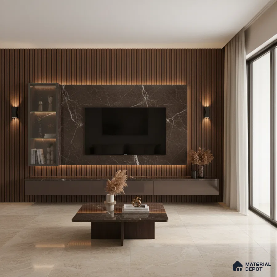 Modern living room with marble-look laminate TV unit, walnut fluted wall panels, and beige marble floor tiles in Bengaluru