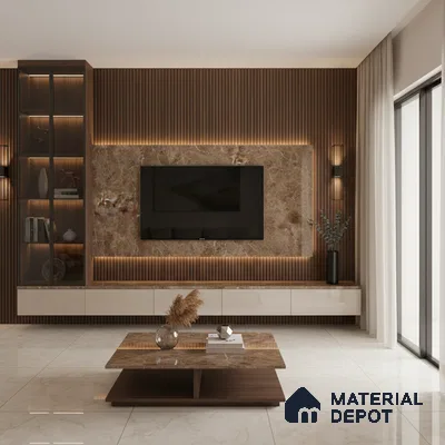 Modern living room with white marble laminate TV unit, walnut wood louvers, and beige marble floor tiles in Bengaluru