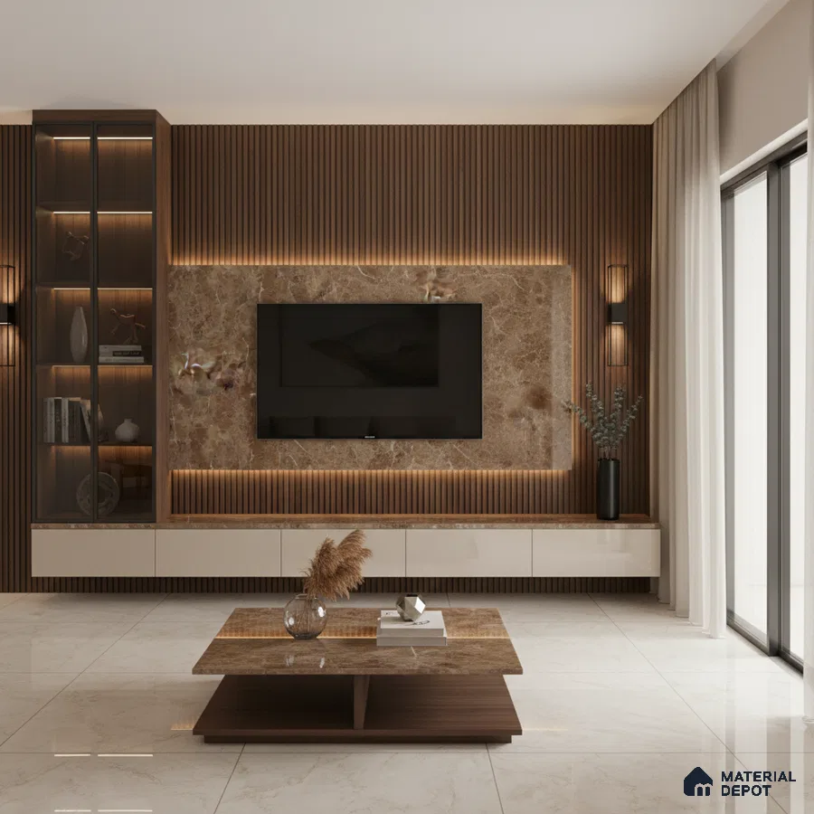 Modern living room with white marble laminate TV unit, walnut wood louvers, and beige marble floor tiles in Bengaluru