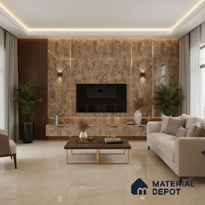 Modern living room with grey marble laminate TV wall, wooden fluted panels, and beige marble floor tiles in Bengaluru