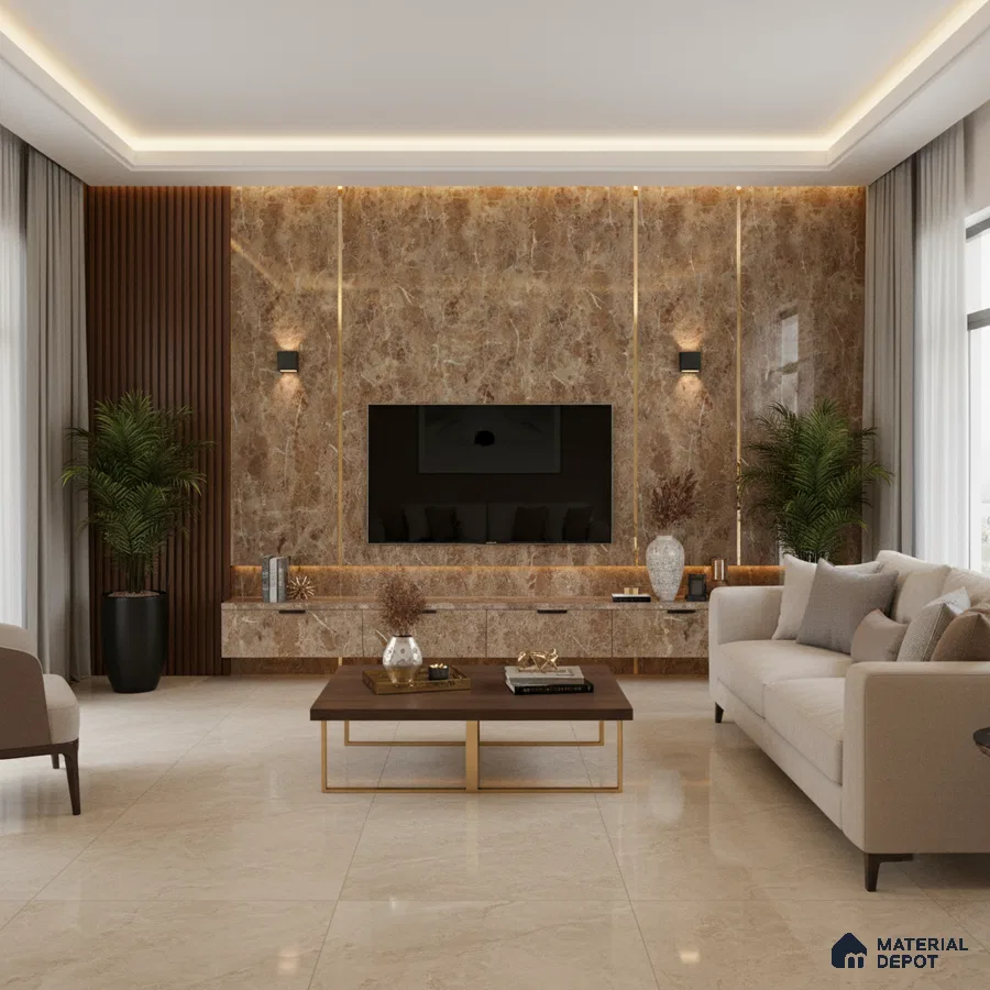 Modern living room with grey marble laminate TV wall, wooden fluted panels, and beige marble floor tiles in Bengaluru