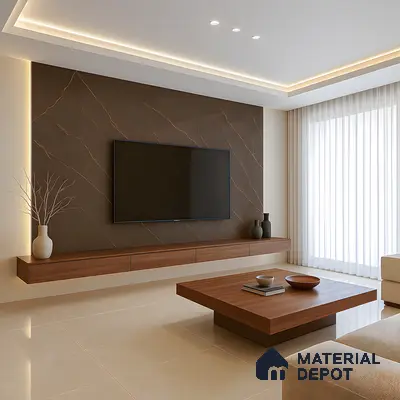 Modern Living Room with Brown Marble TV Panel and Wooden Accents in 3 BHK Sobha City Casa Serenita, Yelahanka | Material Depot