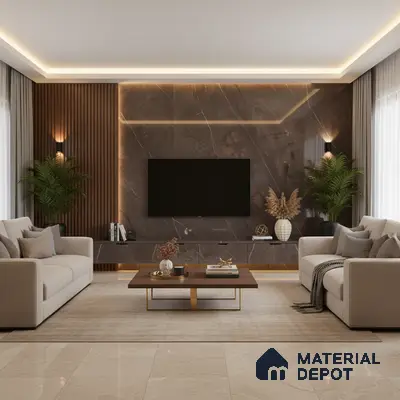 Modern living room with white marble laminate TV unit, walnut wood fluted wall panels, and beige marble floor tiles in Bengaluru