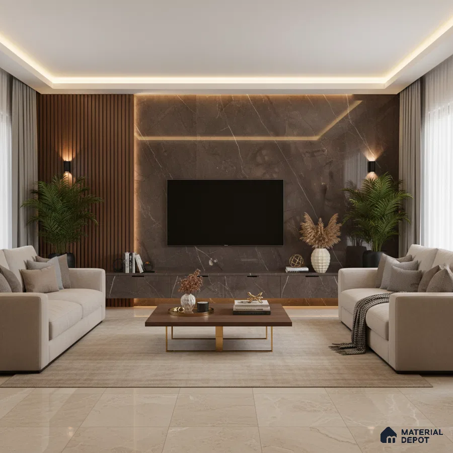 Modern living room with white marble laminate TV unit, walnut wood fluted wall panels, and beige marble floor tiles in Bengaluru