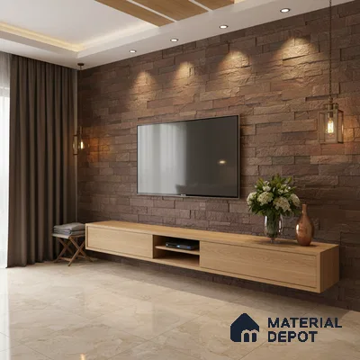 Modern living room with brown stone cladding accent wall and light oak laminate TV unit in Bengaluru