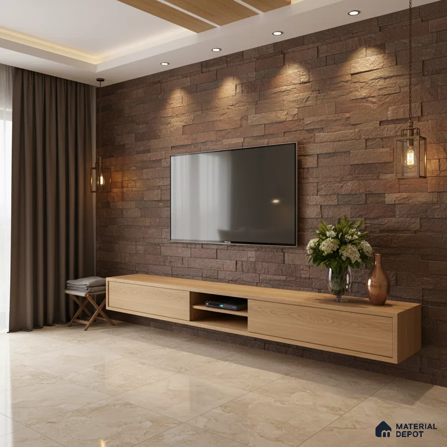 Modern living room with brown stone cladding accent wall and light oak laminate TV unit in Bengaluru