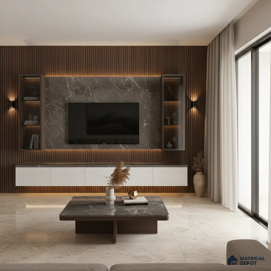 Modern living room with walnut wood louvers, dark green marble laminate TV unit, and beige marble floor tiles in Bengaluru