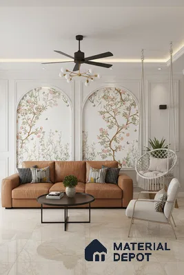 Modern living room with chinoiserie floral wallpaper and beige marble floor tiles in Bengaluru