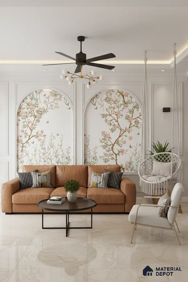 Modern living room with chinoiserie floral wallpaper and beige marble floor tiles in Bengaluru