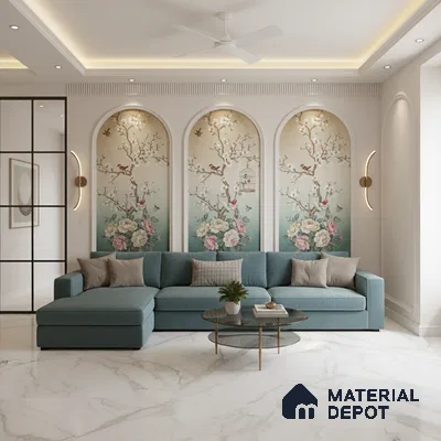 Modern living room with chinoiserie floral wallpaper and white marble floor tile in Bengaluru